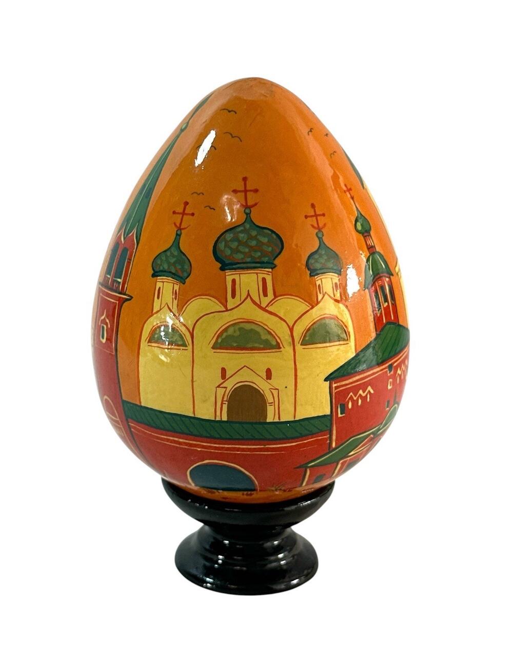 Russian Hand Painted Wooden Egg Orthodox Church Folk Art Russia 5” w/ Stand